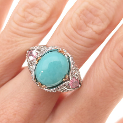 925 Sterling Silver 2-Tone Real Turquoise Pink & White Topaz Ring Size 8.25