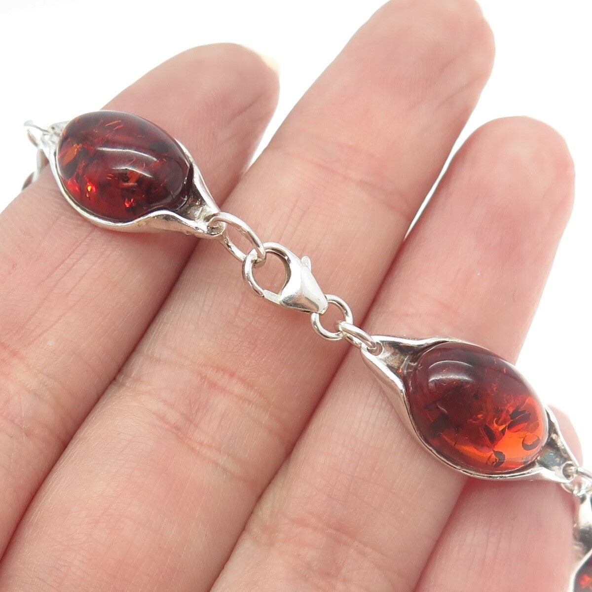 925 Sterling Silver Vintage Real Amber Tennis Link Bracelet 7.75"