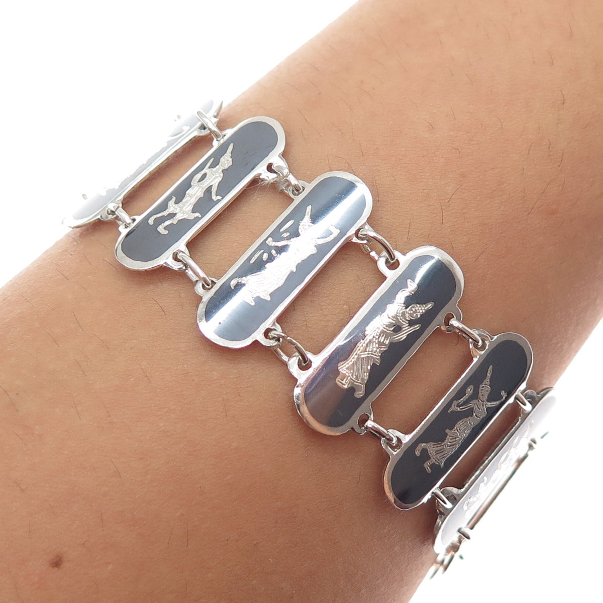 925 Sterling Silver Antique Siam Niello Hindu Goddess Bar Link Bracelet 7.75"