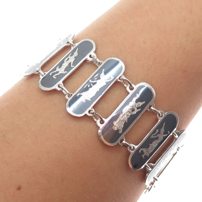 925 Sterling Silver Antique Siam Niello Hindu Goddess Bar Link Bracelet 7.75"
