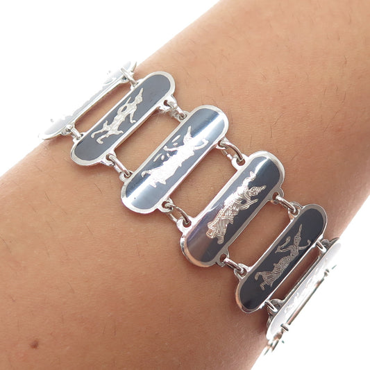 925 Sterling Silver Antique Siam Niello Hindu Goddess Bar Link Bracelet 7.75"