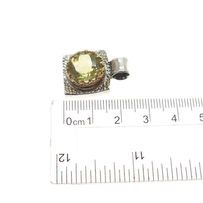 925 Sterling Silver 2-Tone Vintage Real Lime Quartz Hammered Charm Pendant