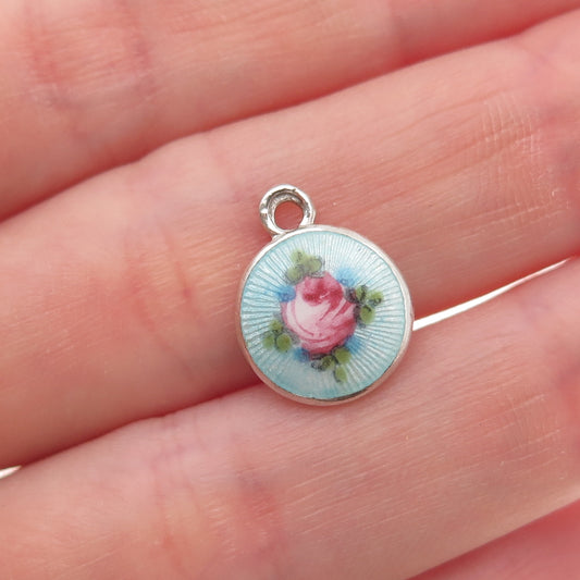 925 Sterling Silver Antique Art Deco Enamel Rose Flower Charm Pendant