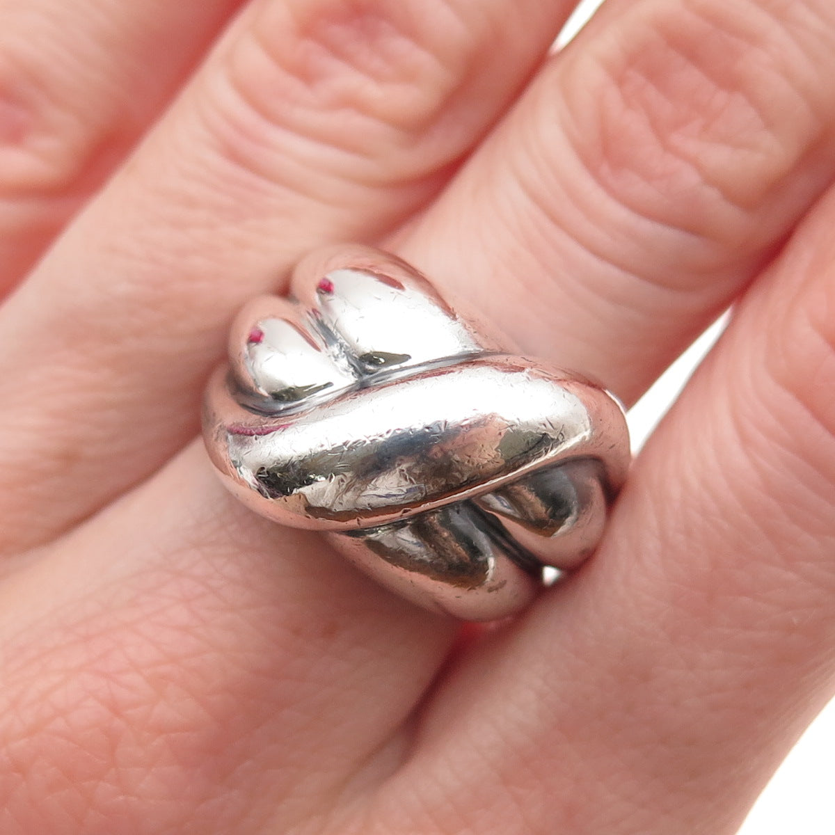 925 Sterling Silver Vintage Modernist Crossed Oxidized Ring Size 6.75