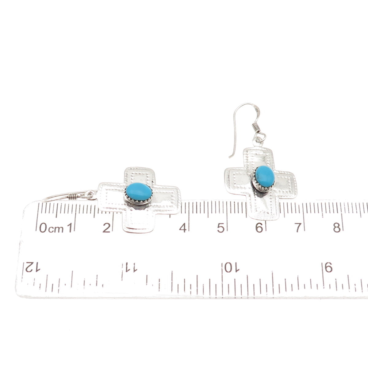 Sidney Evan 925 Sterling Silver Vintage Real Turquoise Cross Dangle Earrings