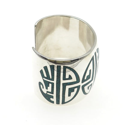 Old Pawn 925 Sterling Silver Vintage Turquoise Inlay Adjustable Wide Bracelet 7"