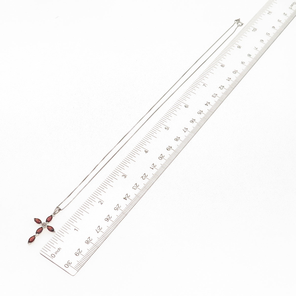 925 Sterling Silver Real Diamond Accent Red Garnet Cross Box Chain Necklace 18"