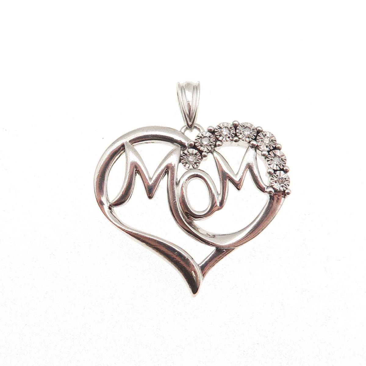 Richline 925 Sterling Silver Real Round-Cut Diamond Mom Heart Charm Pendant