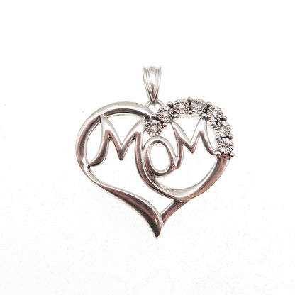 Richline 925 Sterling Silver Real Round-Cut Diamond Mom Heart Charm Pendant