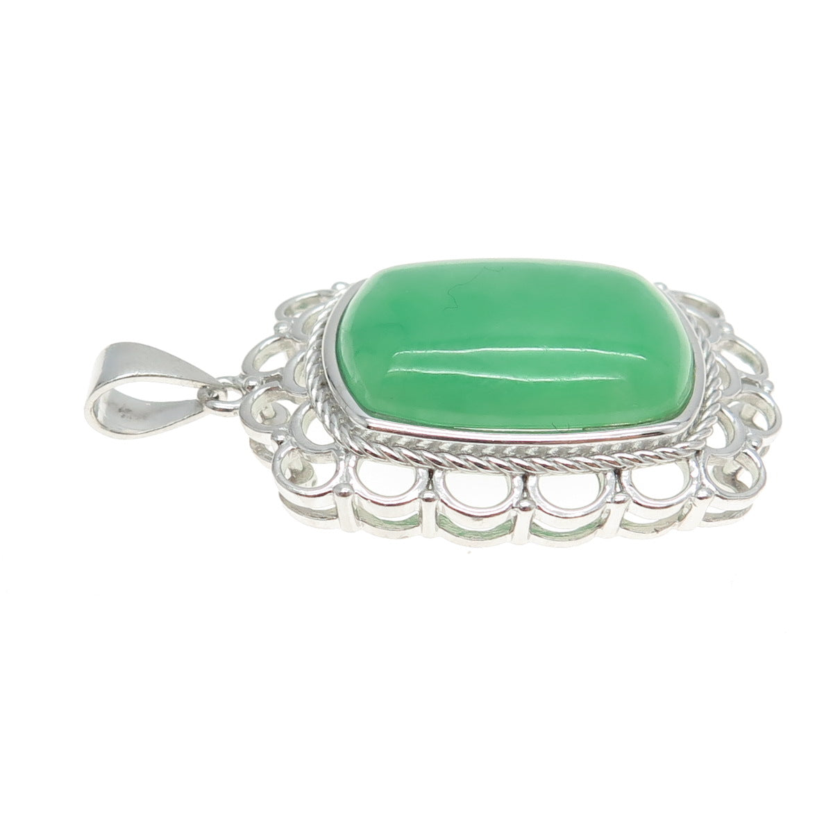 925 Sterling Silver Real Jade Gemstone Ornate Frame Pendant