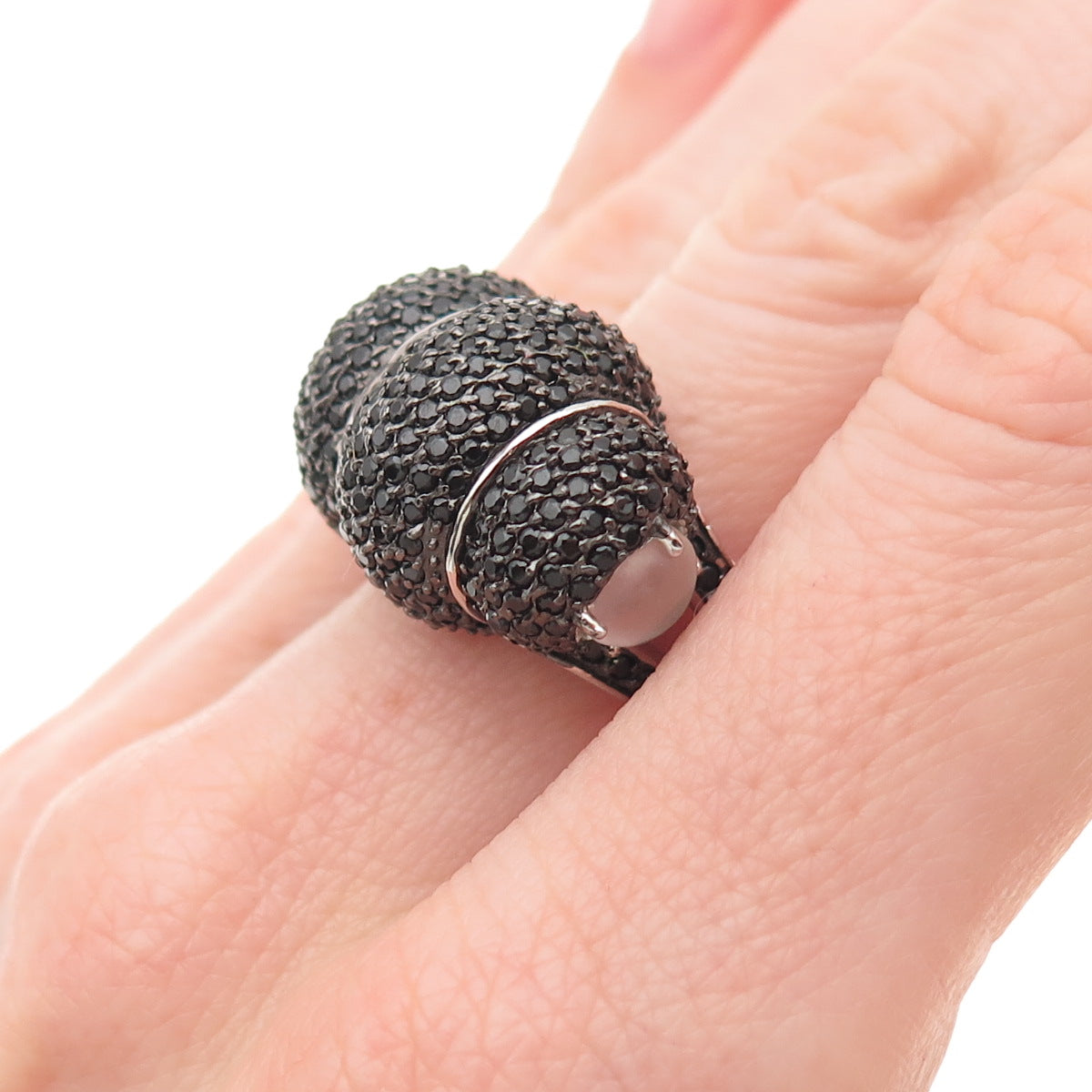 925 Sterling Silver Real Black Spinel & Moonstone Cocoon Ring Size 6.25