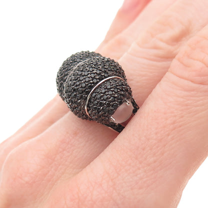 925 Sterling Silver Real Black Spinel & Moonstone Cocoon Ring Size 6.25
