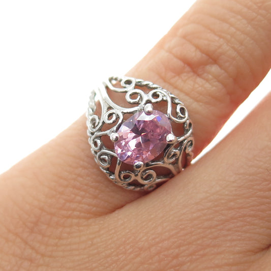925 Sterling Silver Vintage Oval-Cut Pink C Z Ornate Ring Size 5.25