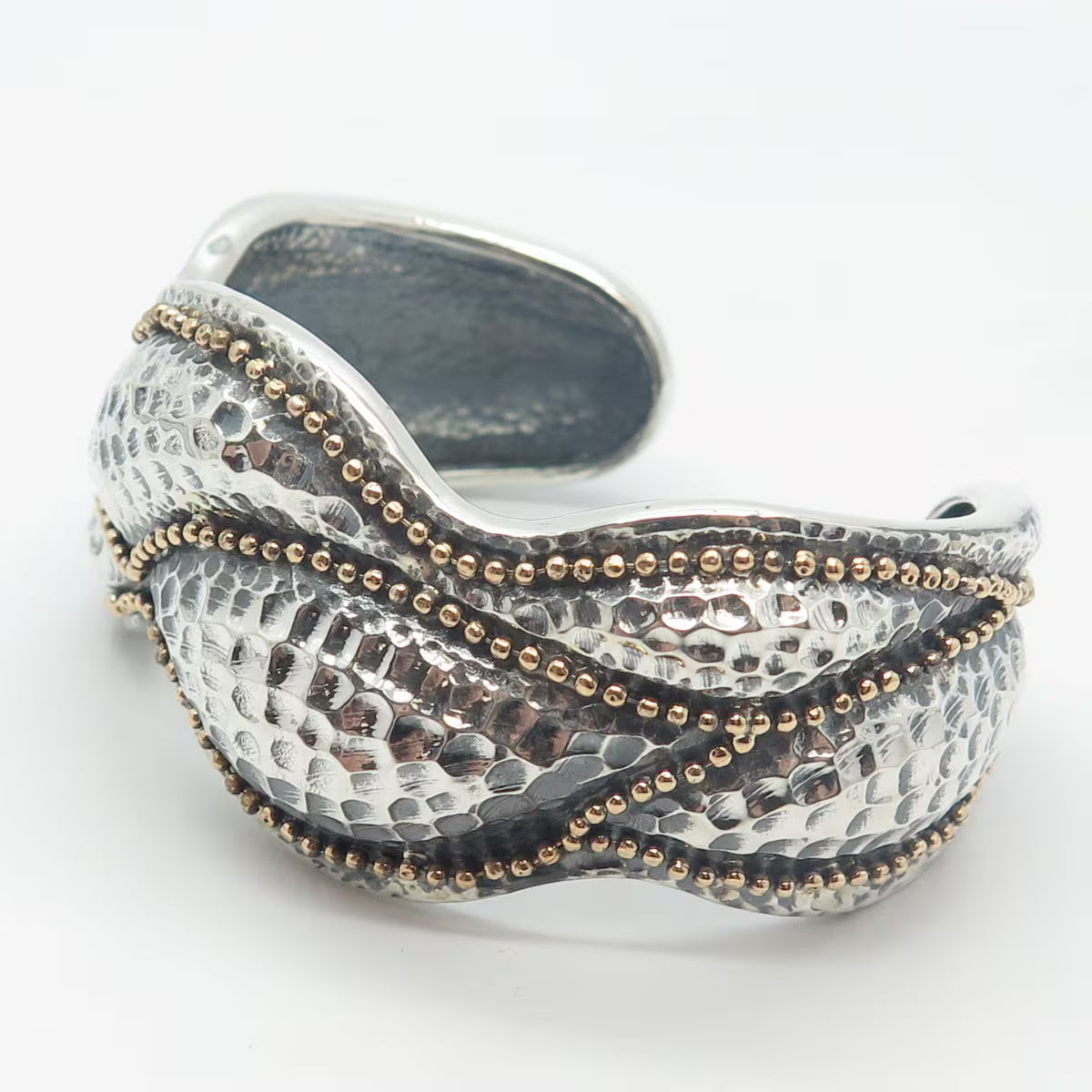 925 Sterling Silver 2-Tone Vintage Haggai Hammered Adjustable Cuff Bracelet 7"