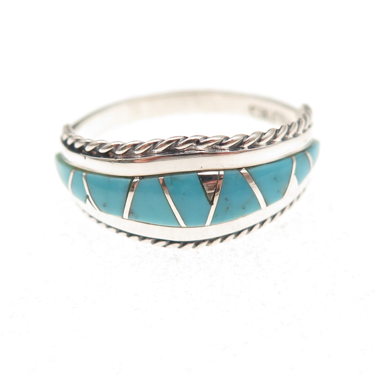 925 Sterling Silver Vintage Real Turquoise Zig Zag Oxidized Ring Size 8.25