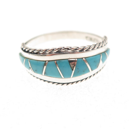 925 Sterling Silver Vintage Real Turquoise Zig Zag Oxidized Ring Size 8.25