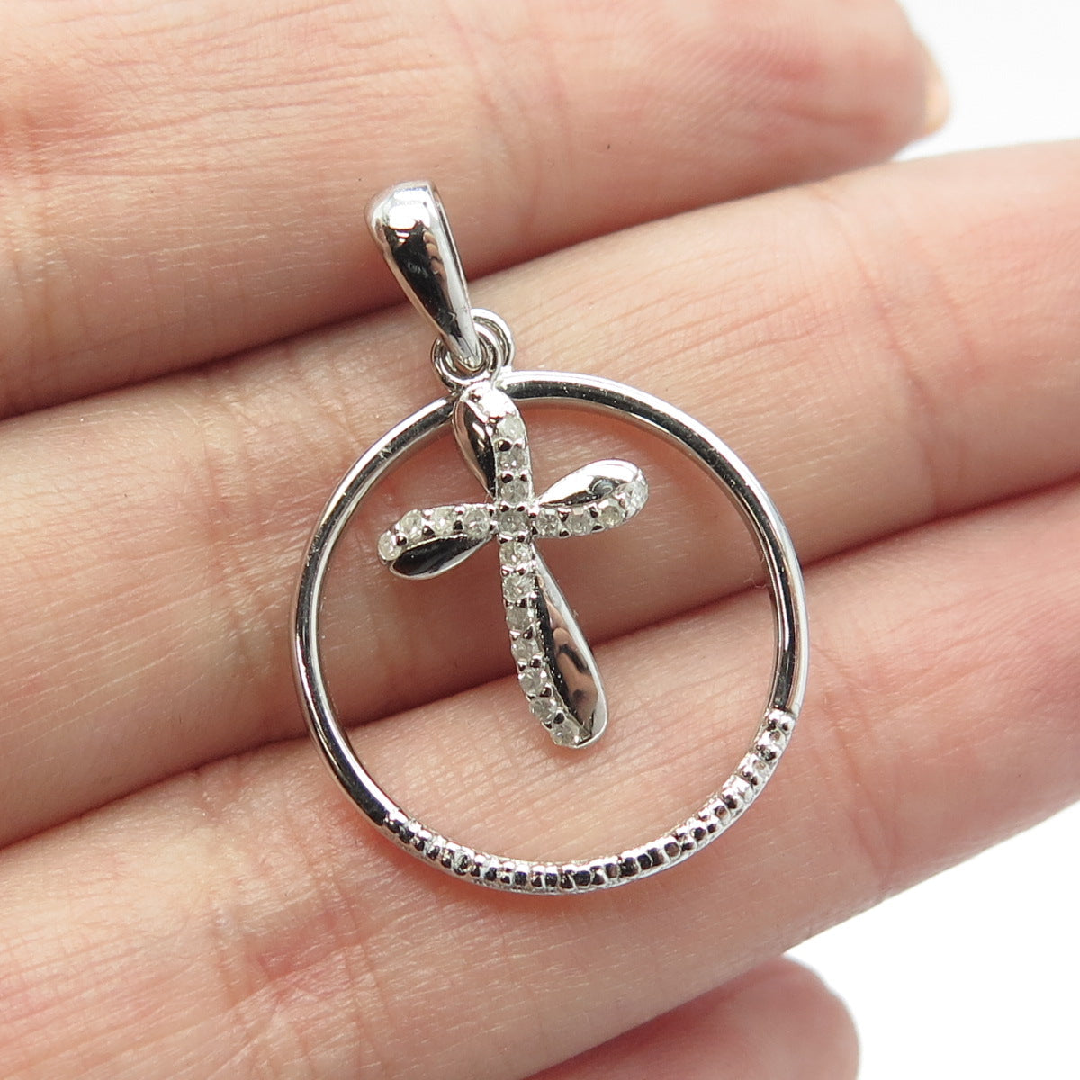 925 Sterling Silver Real Round-Cut White Diamond Cross Circle Pendant