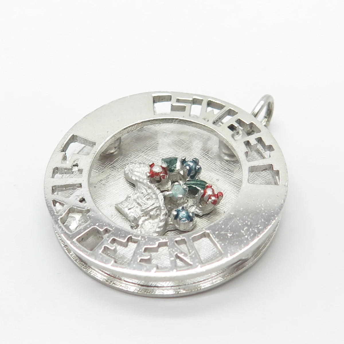 925 Sterling Silver Vintage Enamel "Sweet Sixteen" Floral Basket Round Pendant