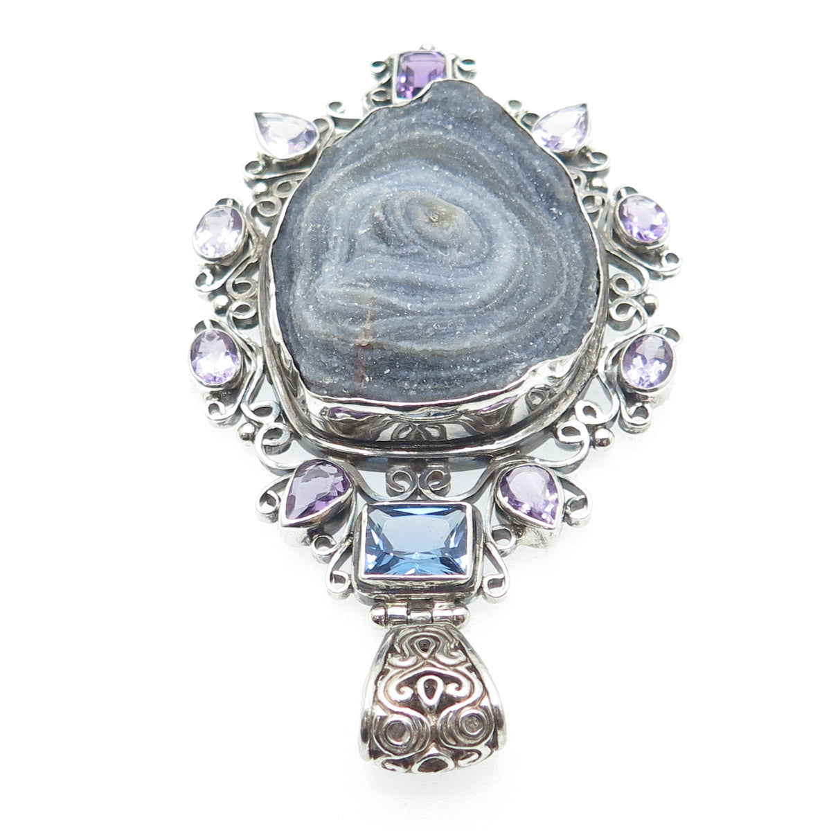 925 Sterling Silver Real Asote Druzy Amethyst Swiss Blue Topaz Gemstone Pendant