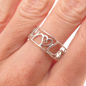925 Sterling Silver Real Diamond Love / Amour Heart Band Ring Size 8