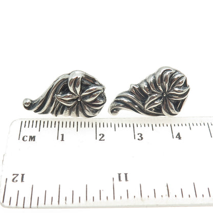 925 Sterling Silver Antique Art Deco Lily Repousse Oxidized Screw Back Earrings