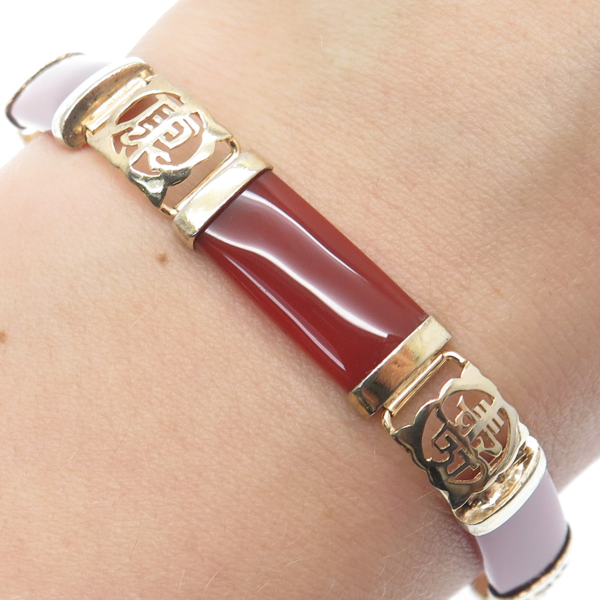 925 Sterling Gold Plated Vintage Real Carnelian Chinese Character Bracelet 7"