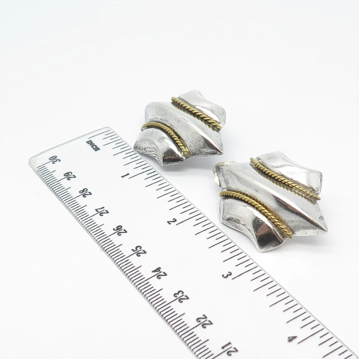 925 Sterling Silver 2-Tone Vintage Mexico Twisted Modernist Clip On Earrings