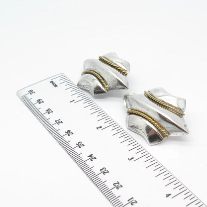 925 Sterling Silver 2-Tone Vintage Mexico Twisted Modernist Clip On Earrings