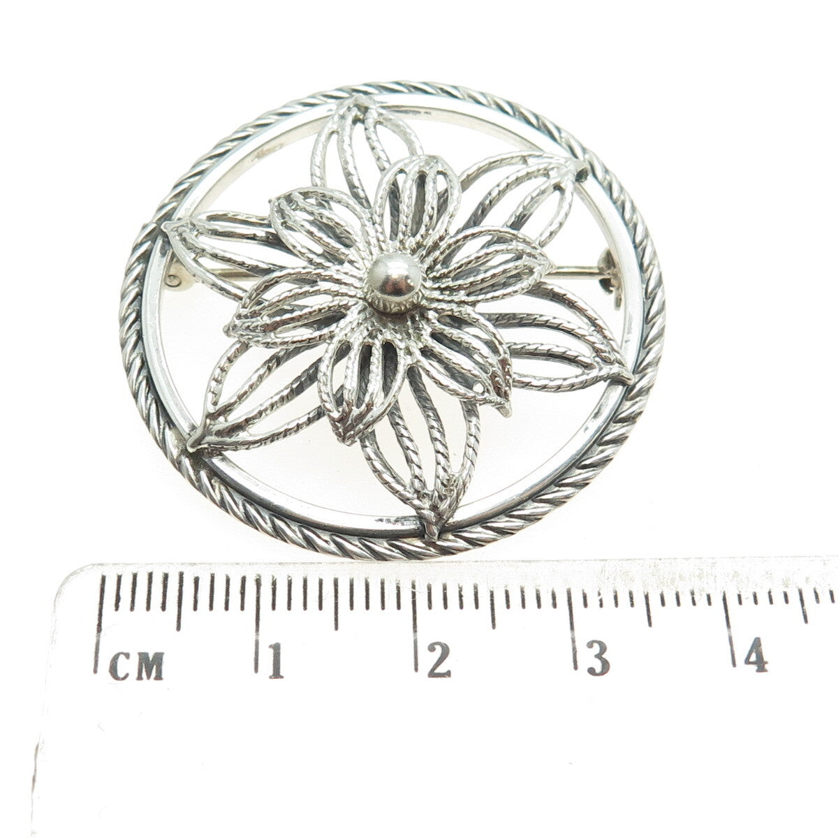 BEAU 925 Sterling Silver Antique Art Deco Flower Round Pin Brooch