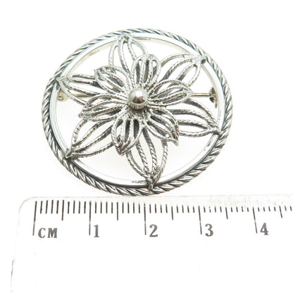 BEAU 925 Sterling Silver Antique Art Deco Flower Round Pin Brooch