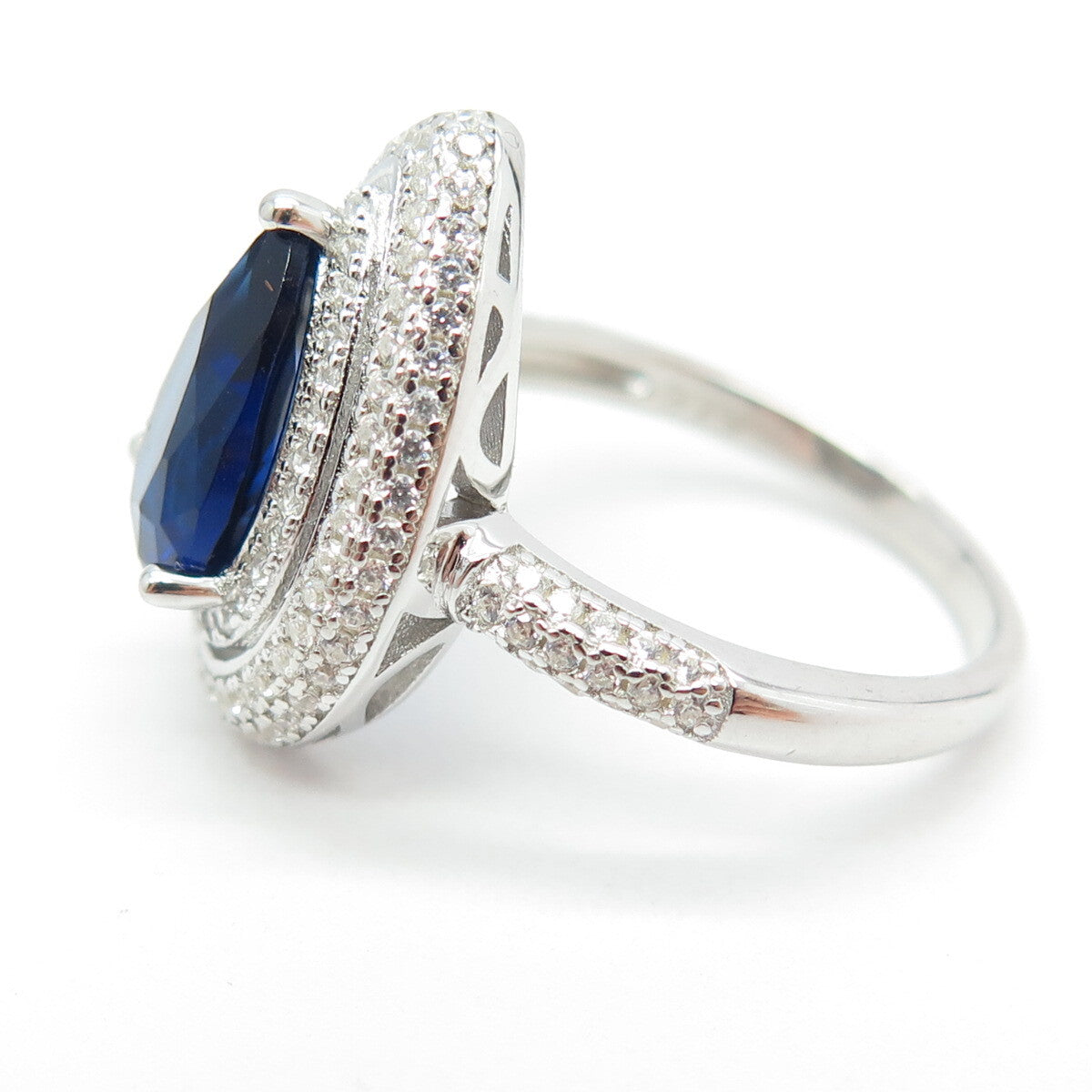 925 Sterling Silver Pear & Round-Cut Blue White C Z Ring Size 8