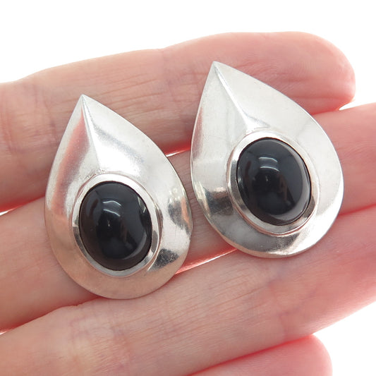 925 Sterling Silver Vintage Real Black Onyx Gemstone Teardrop Earrings
