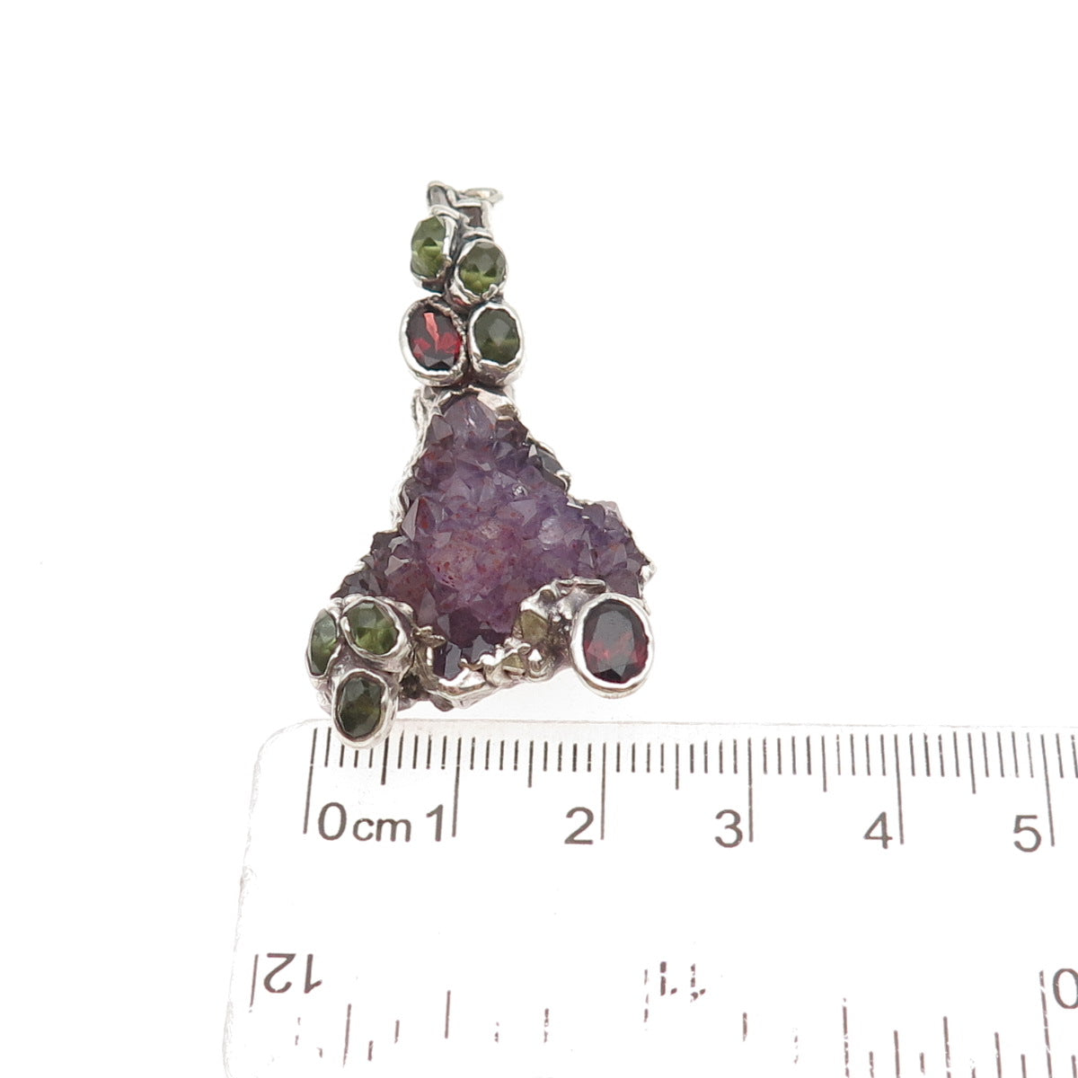 925 Sterling Vintage Real Amethyst Tourmaline Garnet & Peridot Modernist Pendant