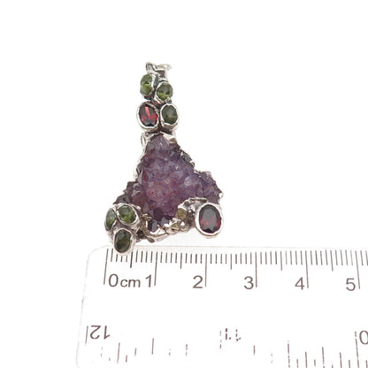 925 Sterling Vintage Real Amethyst Tourmaline Garnet & Peridot Modernist Pendant