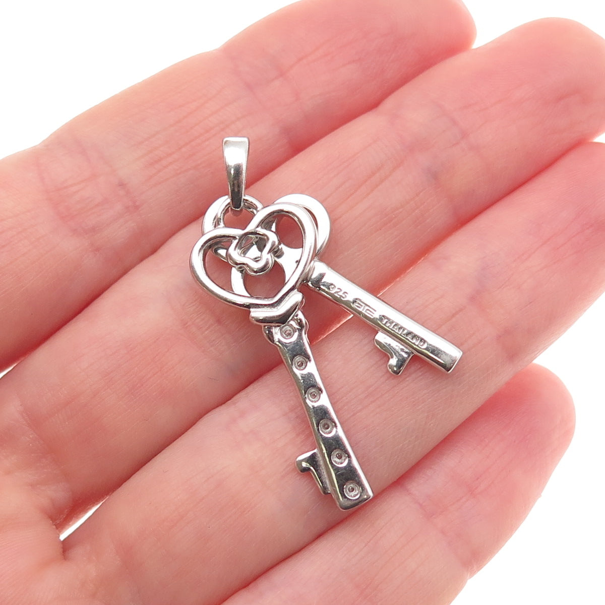 925 Sterling Silver Real Round-Cut Diamond Heart & Club Key Charm Pendant