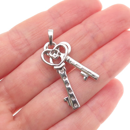925 Sterling Silver Real Round-Cut Diamond Heart & Club Key Charm Pendant