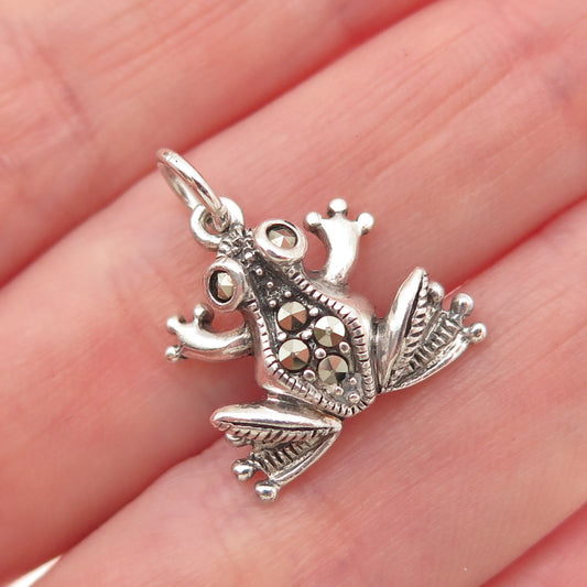 925 Sterling Silver Vintage Real Marcasite Frog Good Luck Mini Charm Pendant