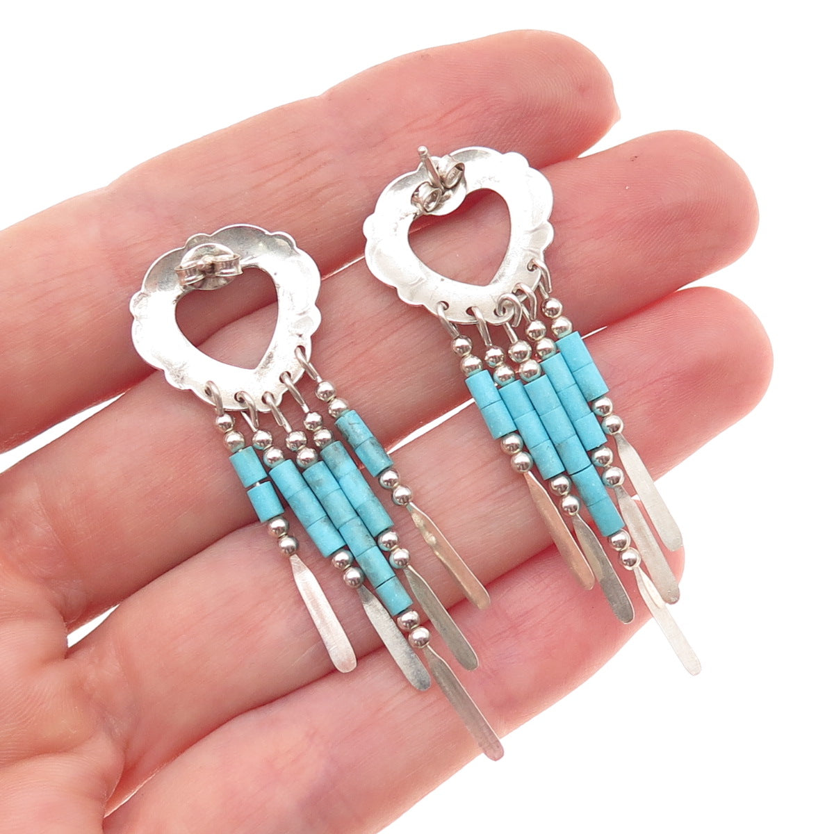 Old Pawn Sterling Silver Vintage Southwestern Turquoise Heart Dangle Earrings
