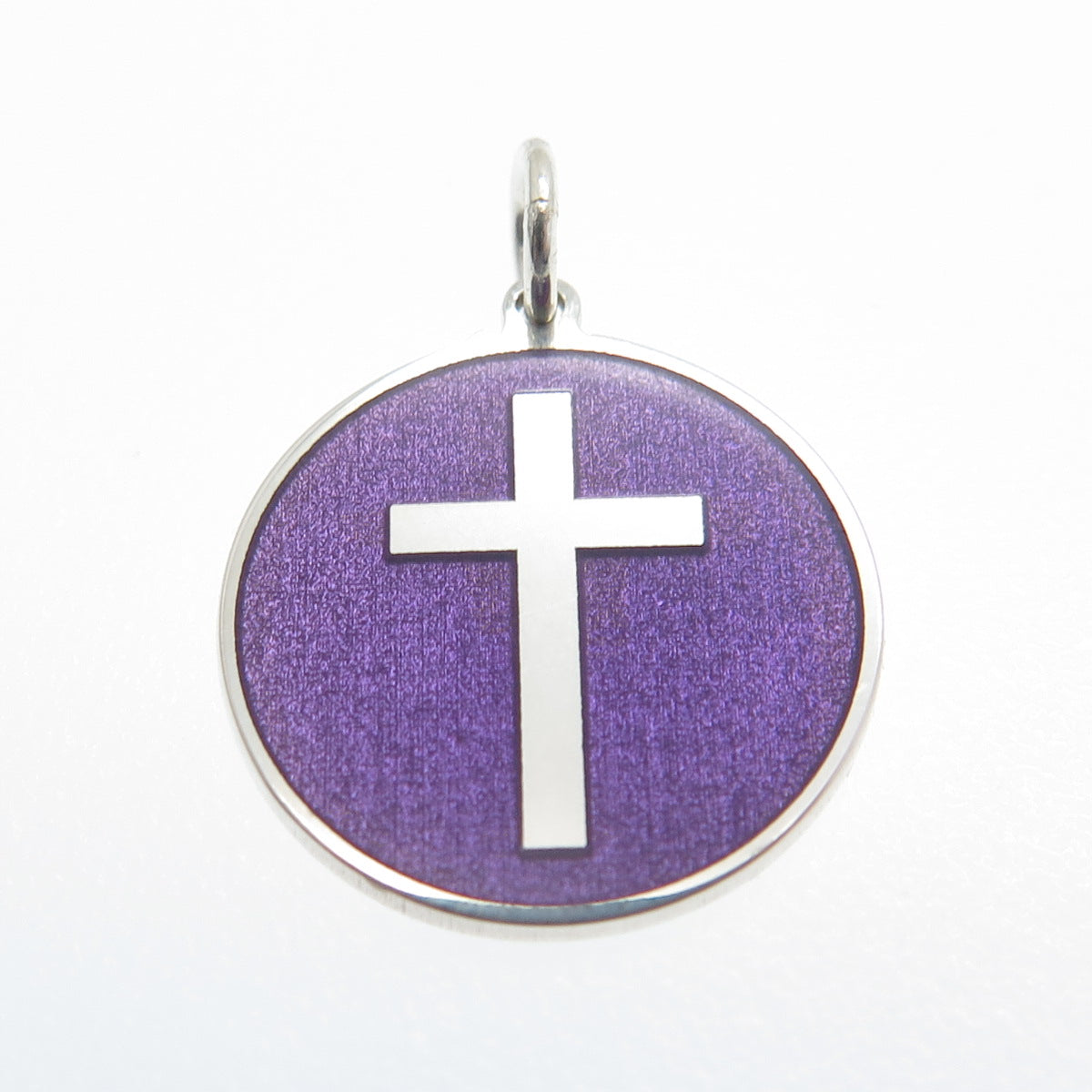 925 Sterling Silver Purple Enamel Cross Round Tag Minimalist Charm Pendant