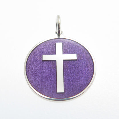925 Sterling Silver Purple Enamel Cross Round Tag Minimalist Charm Pendant