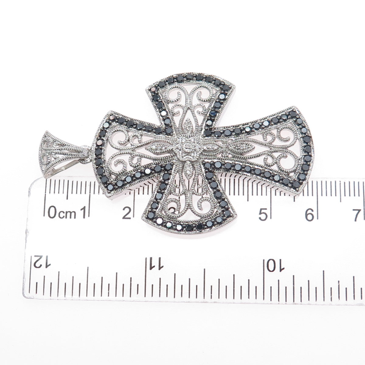925 Sterling Silver Real Round-Cut Black Diamond Ornate Cross Pendant