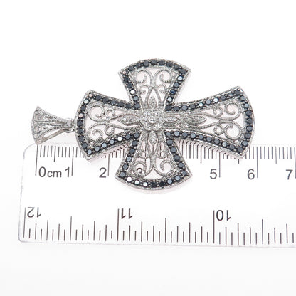 925 Sterling Silver Real Round-Cut Black Diamond Ornate Cross Pendant