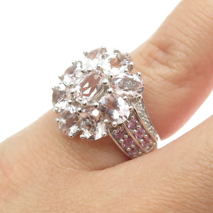 925 Sterling Silver Real Diamond Pink Sapphire & Morganite Cluster Ring Size 5