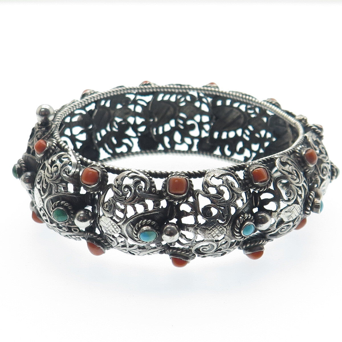 925 Sterling Silver Antique Real Turquoise Coral Floral Oxidized Bracelet 7.75"