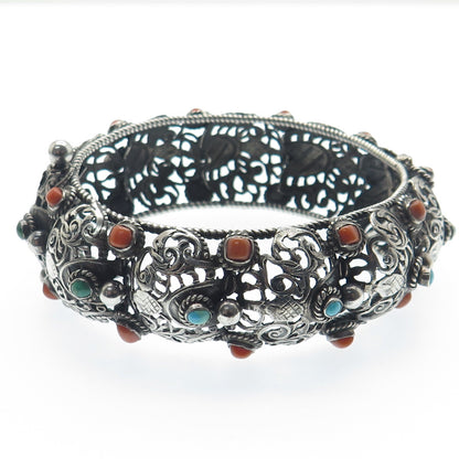 925 Sterling Silver Antique Real Turquoise Coral Floral Oxidized Bracelet 7.75"