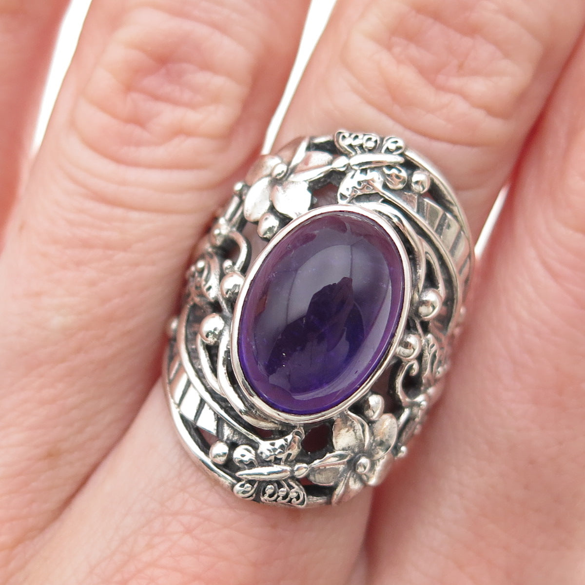 925 Sterling Silver Vintage Real Amethyst Butterfly & Flower Ring Size 5.75