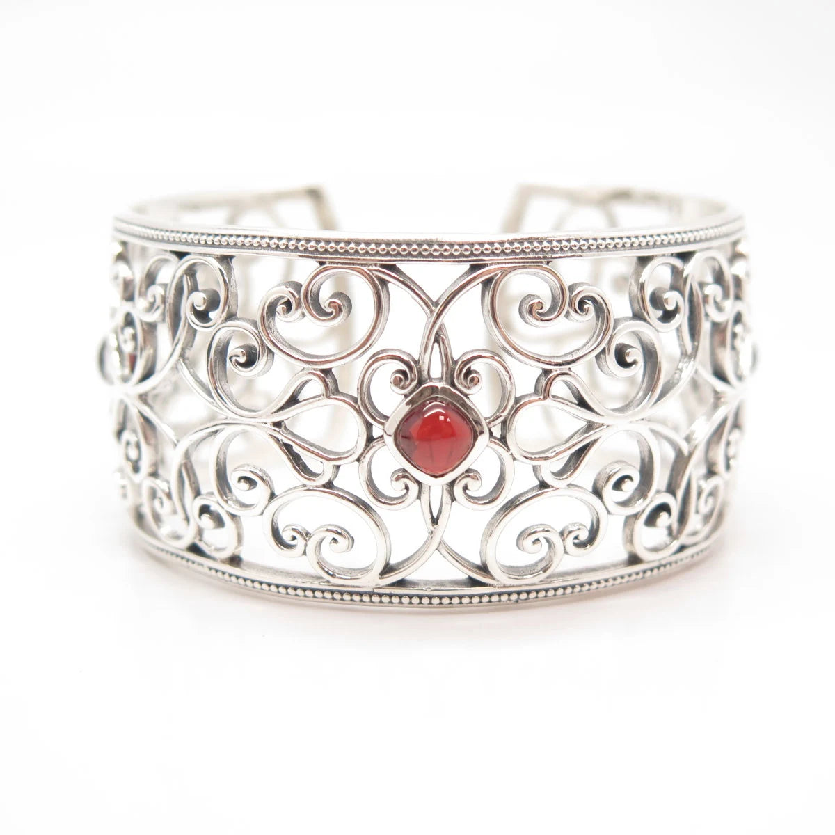 925 Sterling Silver Vintage Real Red Garnet Gem Ornate Cuff Bracelet 7"