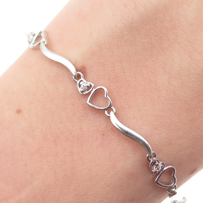 Ross Simons 925 Sterling Silver Round-Cut C Z Heart Wavy Bar Link Bracelet 7.25"