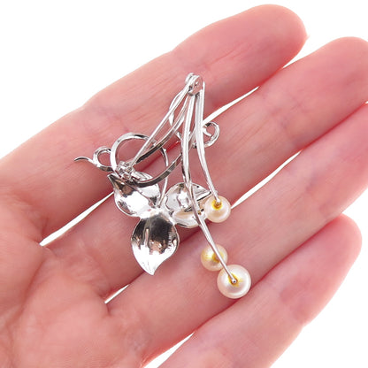 925 Sterling Silver Vintage Real Pearl Floral Pin Brooch