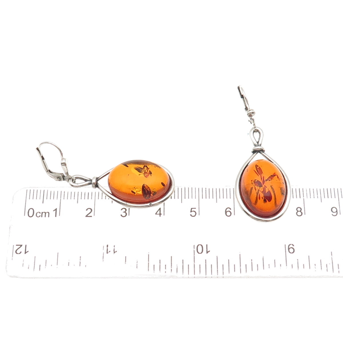 925 Sterling Silver Vintage Real Amber Modernist Dangle Earrings